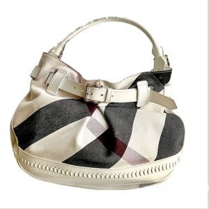 Auth Burberry Bag Grey White Mega Check Canvas Nova Check Leather Buckle Hobo